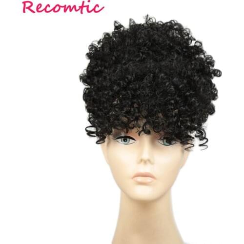 Recomtic Synthetic Hair Extensions Faux Kinky Curly Afro Soffio With Bangs Chignon Crochet Hair For Black Women