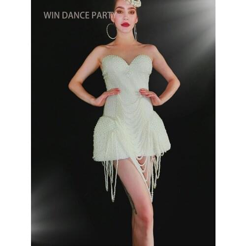 White Pearls Stage Costumes For Singers Outfit Evening show Wedding Performanc Prom Birthday Bar Women Clothes Sexy Dress