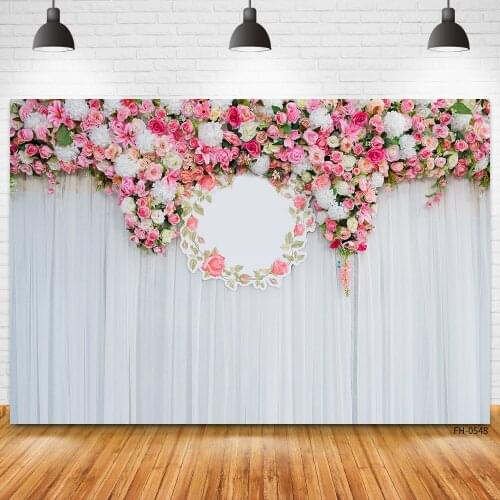 Wedding White Curtains Pink Blossom Floral Flowers Wreath Party Photography Background Backdrop For Valentines Day Photo Studio