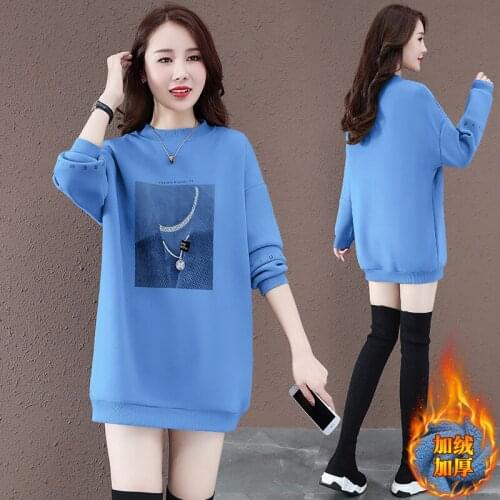 Autumn Winter Thicken Plus Fleece Sweatshirts Women Plus size 4xl Loose Print Long sleeve Pullovers Warm Mid-length Casual Tops