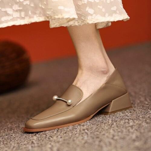 Genuine Leather Women Shoes Simplicity Fashion Pearl Decoration Slip-On Pumps Square Toe Thick Heel Handmade Shoes Size 34-39