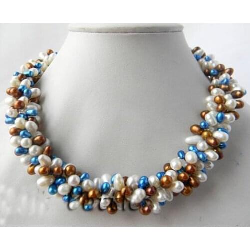 Handmade Pearl Jewellery ,4 Strands White Coffee Blue Baroque Freshwater Pearl Necklace,5-7mm Multicolor Real Pearl