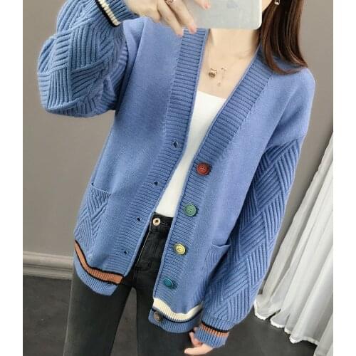 Women Autumn White Black Yellow Red Blue V-neck Pocket Buttons Cardigan Sweater Teenage Student Girls Knitted Slim Jacket Coat