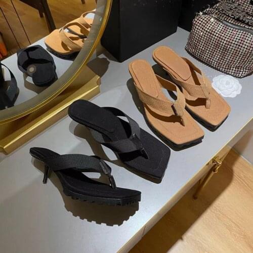Women Slides Flip Flops Sqaure Toe Low Heels Sexy Thin Heels Nylon Slippers Summer Ins Fashion Luxury Brand New Chic Woman Shoe