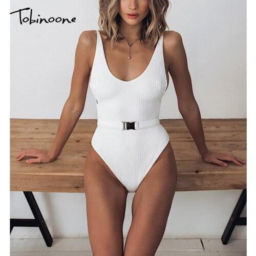 Tobinoone Solid Belt Buckle Sexy Swimsuit Women Tank V Neck Summer Backless Jumpsuit Sleeveless Beach Party High Waist Playsuit