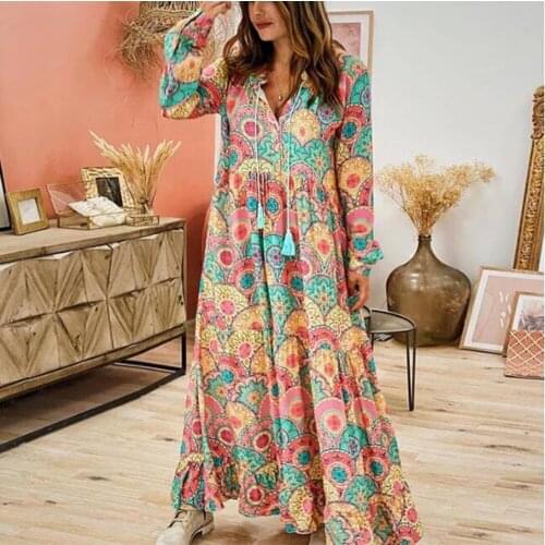 Bohemian Dress Women Summer Long Sleeve Big Swing Print V-Neck Loose Casual Fashion Womens Boho Maxi Dress Hippie Chic Pretty