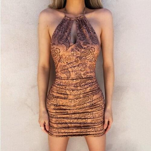 SUJYing 2021 Summer Womens Sexy Open Back Lace Up Slim Package Hip Neck Print Backless Dress Kilt