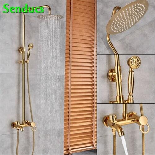 Senducs Bathroom Gold Shower Set with High Quality Polished Bathroom Shower System Round Top Shower Faucet Golden Shower Set