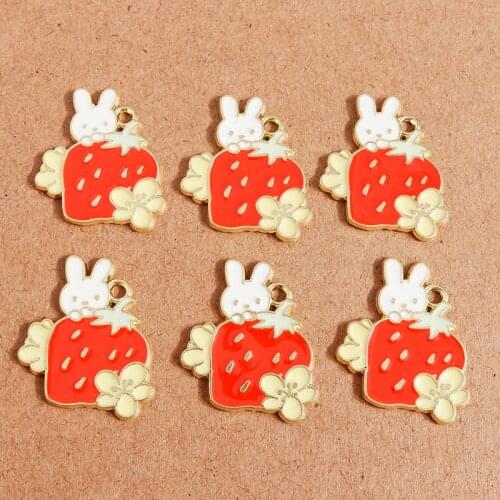 10pcs 21*26mm Cute Enamel Rabbit Charms for Jewelry Making Fruit Strawberry Charms for DIY Handmade Pendants Necklaces Earrings