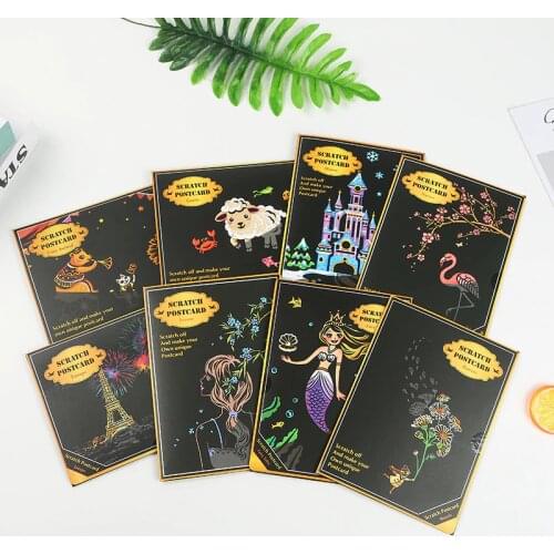 14x21 CM A5 Creative Colorful CIty Night View Scratch Painting Cartoon Animal Character Scraping Painting Greeting Card Kid Toys