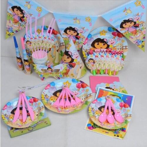84pcs\lot Dora the Explorer Birthday Party Supplies Party Decoration Disposable Party Tableware Napkin Plate Tablecloth Banner