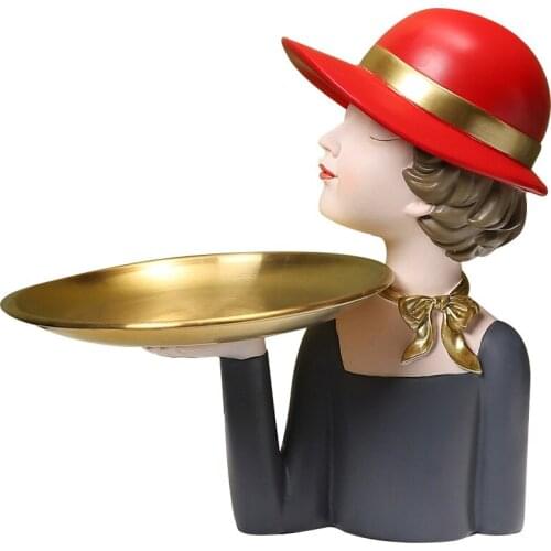 Home figurines for interior home decoration accessories room decor Sculpture Kawaii girl wearing a hat tray storage Gray green