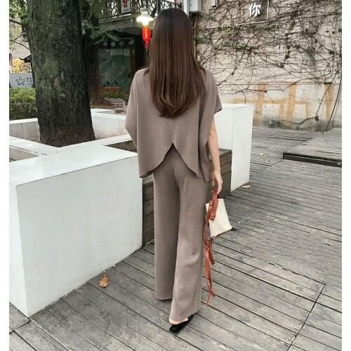French Vintage Knitted 2 Piece Set Women Pullover Sweater Top+Wide Leg Pant Suits Korean Casual Tracksuit Loose Two Piece Set