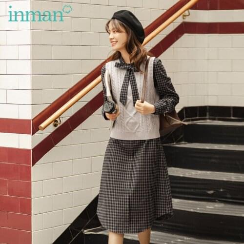 INMAN Winter Classic Retro Plaid Dress Collegiate Wweater Vest Two Piece Suit Womens Dress