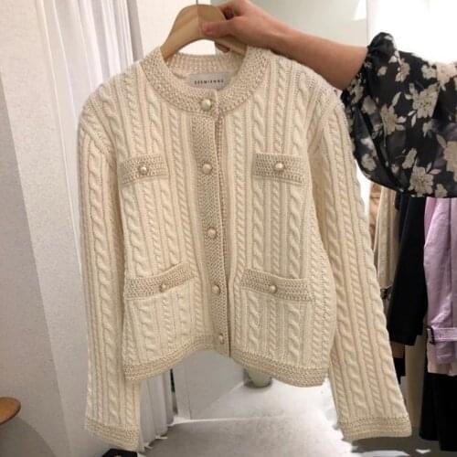 Exquisite Pearl Button Twist Patchwork Cardigan Coat Korean O Neck Long Sleeve Sweater Autumn Winter Knitted Women Tops