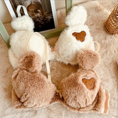 Japanese Girl Bra Briefs Set Cute Anime Cartoon Teddy Bear Lingerie Student Soft Plush Bowknot Lace-Up Cotton Underwear Women