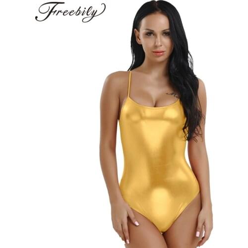 Women Shiny Metallic Patent Leather Ballet Dance Gymnastics Leotard One-Piece Spaghetti Straps Thong Swimsuit Adult Dance Wear