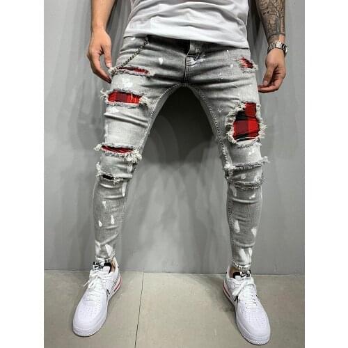 Mens Skinny Jeans Ripped Grid Stretch Denim Jogging Trousers Patch Beggar Pants Jumbo Mens Hip Hop Thin Body Harajuku Pant