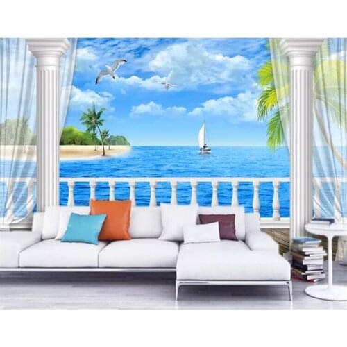 Custom Mural Wallpaper Painting 3D HD Sea View Balcony Roman Column Modern Living Room Sofa TV Background Wall Photo Wallpaper
