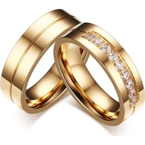 Modyle 2020 New Gold-Color CZ Wedding Rings Lovers Cubic Zirconia Stainless Steel Romantic Ring Jewelry