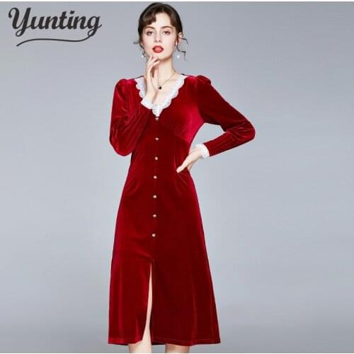 Autumn Womens Velvet Dress Long Sleeve V-Neck High Waist Slim Sexy Slit Party Dress Female Fashion Street Wear