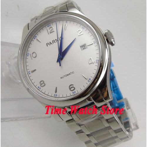 Parnis 38mm white dial blue hands date sapphire glass 21 jewels MIYOTA Automatic movement Mens watch 782