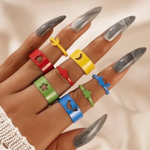Tocona 8pcs/sets Colorful Heart Moon Couple Ring Sets for Women Men Hollow Out Geometry Opening Ring Jewelry Accessories 19757