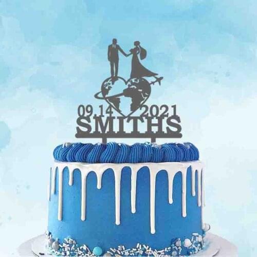 Personalized Airplane Travel Themed Wedding Cake Topper Custom Mr & Mrs Name Date Travel World Wedding Decoration Cake Topper
