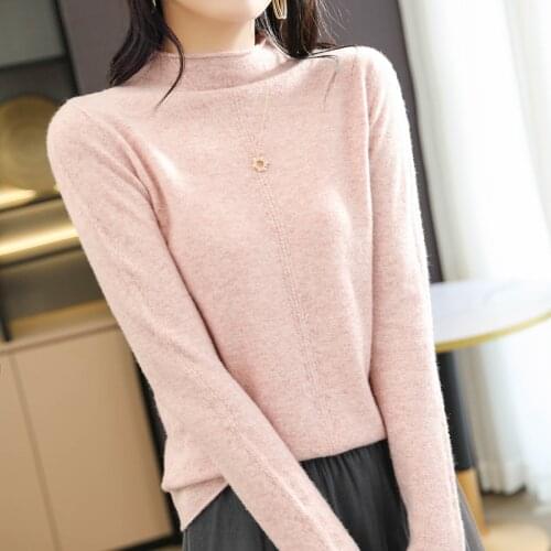 100% pure wool sweater long-sleeved womens autumn and winter half-high neck hollow pullover sweater