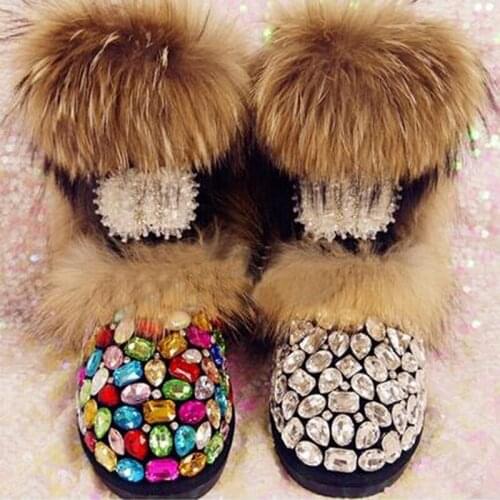 Winter Woman Warm Real Fox Fur Multi Rhinestone Snow Boots Female Slip-on Mid Calf Boots Girls Plush Inside Bling Crystal Boots
