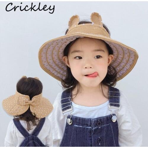 3D Rabbit Ear Foldable Childrens Caps Summer Dot Empty Top Straw Hat For Toddler Boys Girls Big Eaves Soft Kids Sun Hat