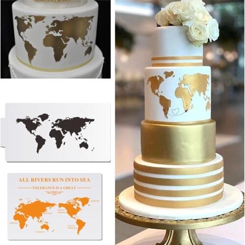 World Map Design Cake Stencil Plastic Cake Border Stencils DIY Drawing Lace Template Cake Mold Cake Decorating Tool Bakeware