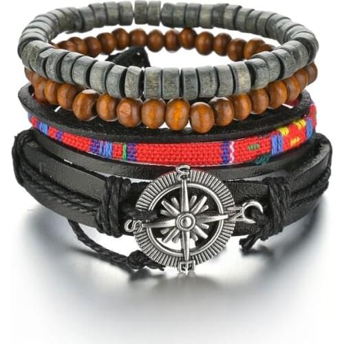Vintage Black Bead Bracelets For Men Fashion Hollow Round Leather Bracelet & Bangles Multilayer Wide Wrap Jewelry