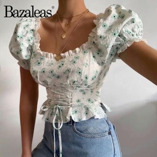 Bazaleas Vintage Green Daisy Print Women Blouse Palace Bandage Tie Waist Blouse Harajuku Short Sleeve Shirt