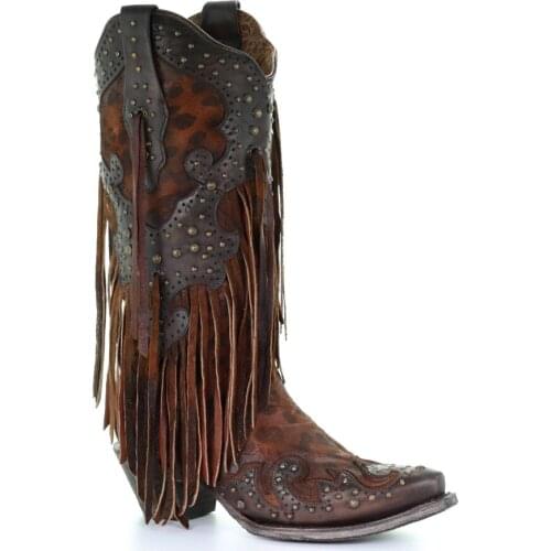 Women Leopard Stud Fringe Cowgirl Boots Snip Toe