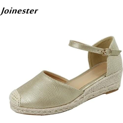 PU Women Closed Toe Wedge Sandals 2021 Summer Ankle Strap Pumps for Ladies Straw Braided Casual Espadrilles Vintage Dress Shoes