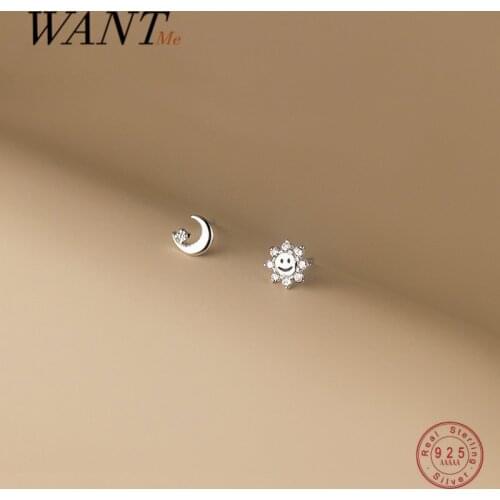 WANTME 925 Sterling Silver Cute Moon Sun Mini Small Stud Earrings for Women Chic Zircon Teen Student Party Charm Jewelry Gift