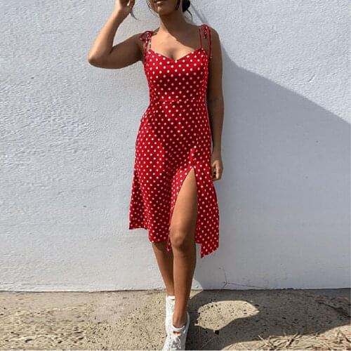 Dresses 2021 Sundress Summer Women Causal Polka Dot Sleeveless High Pleated elastic waist V-Neck Beach Dress Vestidos De Verano
