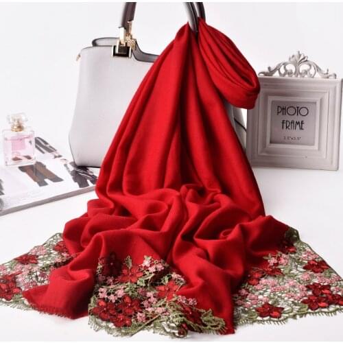 Women Red Cherry Embroider Scarf 100% Wool Shawls and Wraps for Wedding Festive Pashimina Echarpe Bride Embroidered Wool Scarves