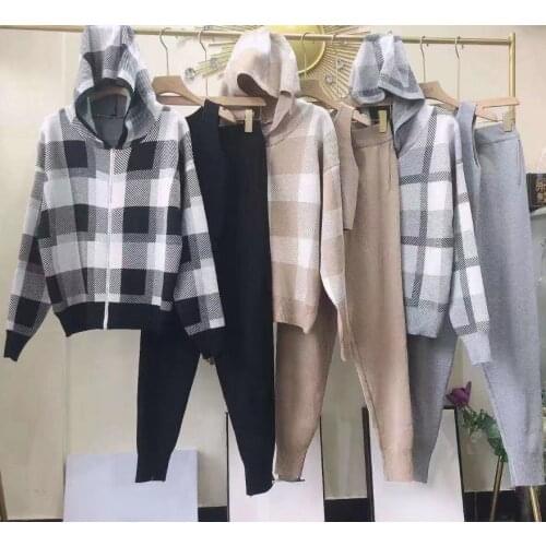 Autumn Winter Plaid Knit Womens Tracksuit Hooded Zipper Jacket Cardigan + Crop Top Vest + Solid Harem Pants 3 Piece Set Women