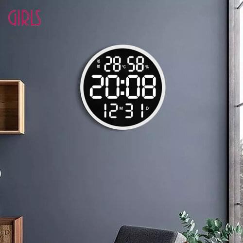 12 Inches LED Large Number Wall Clock Temperature and Humidity Electronic Digital Clock Modern Design Home Office Decoration