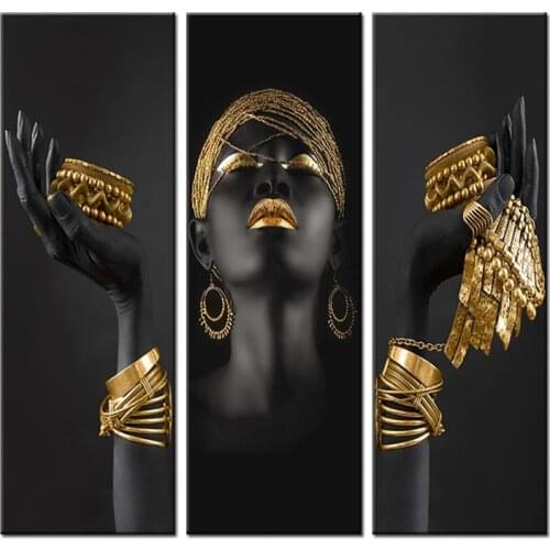African Black Woman with Golden Jewelry on Hands Canvas Paintings on The Wall Art Posters and Prints Modern Home Decor Pictures