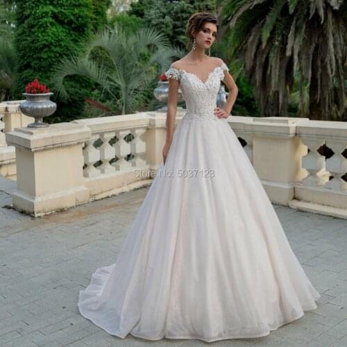 Vestido De Noiva Ball Gown Long Sleeves Wedding Dresses Off the Shoulder Lace Appliques Buttons & Corset Back Bridal Gowns