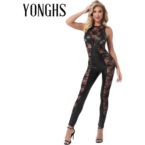 Womens See Through Bodysuit Round Neck Sleeveless Rave Bar Stage Show Clubwear Lace Patchwork Patent Leather Bodysuit Jumpsuit
