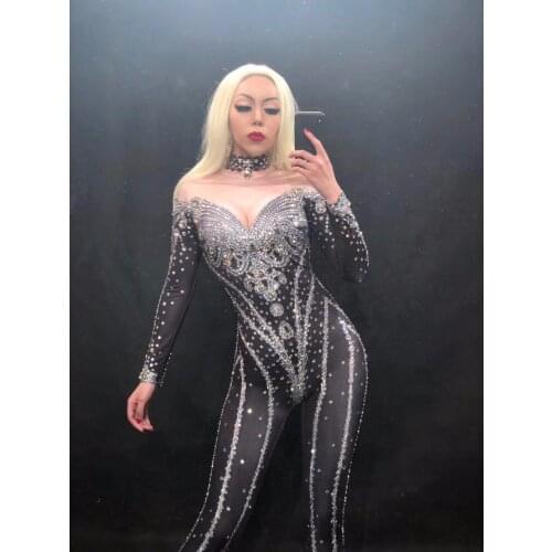 Big Glass Diamond Full Sparkling Crystals Black Women Stage Dj Jumpsuit Nightclub Birthday Party Stage Wear Dancer Singer Outfit