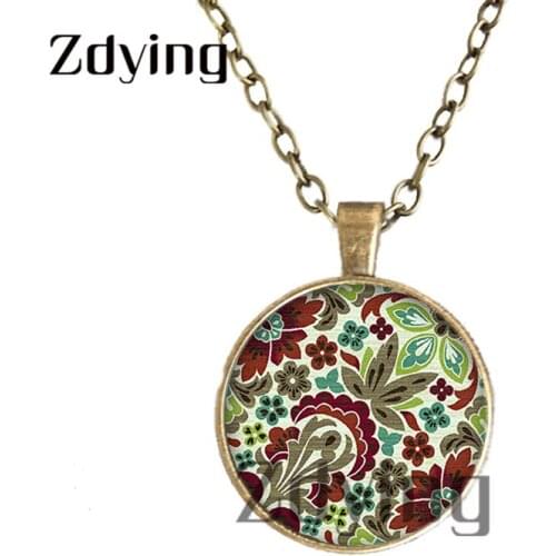 Zdying Retro Mandala Flowers Necklaces Glass Art Picture Cabochon Round Pendant Necklace Chain Collares Gifts HM132