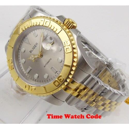 Golden 40mm Automatic Mens Wristwatch Miyota 8215 Date Display Gray Dial Jubilee Bracelet Sapphire Glass Cyclops Luminous SUB