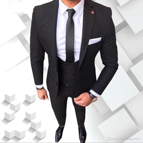 Two Button Black Groom Tuxedos Notch Lapel Groomsmen Best Man Mens Wedding Suits (Jacket+Pants+Vest+Tie)