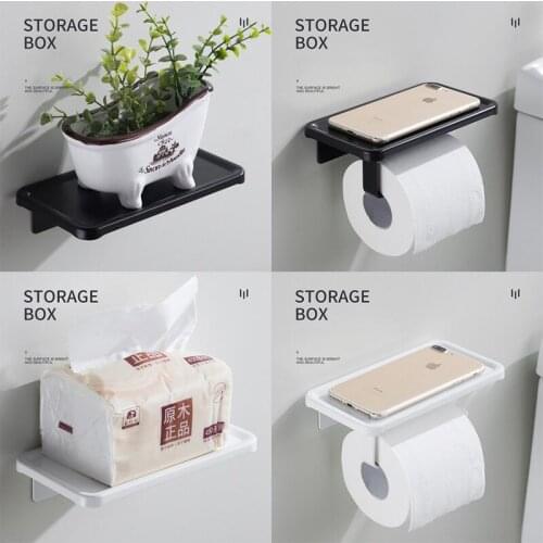 Black Wall Mount Roll Toilet Paper Holder Desk Storage Rack Space Aluminum Bathroom Accessories Kitchen Ware Toiletries Shelves