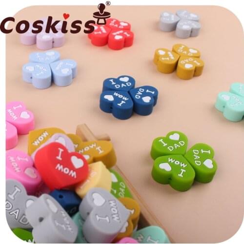 Coskiss 5pcs I LOVE MOM/DAD Newest Double Sided Silicone Beads Food Grade Baby Chew Products Teething For DIY Pacifier Chain